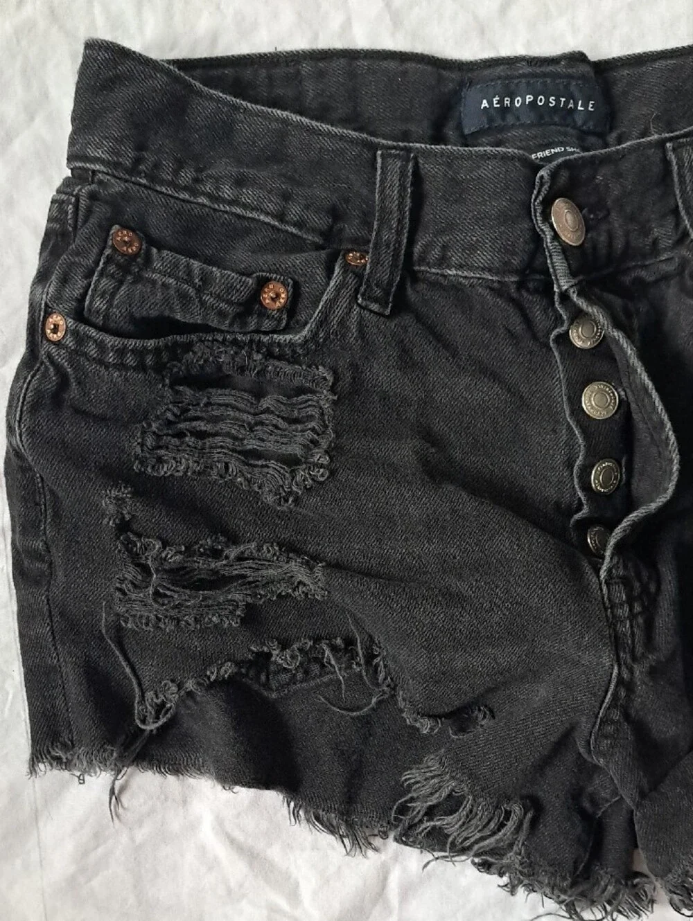 Aeropostale Black Denim Boyfriend Jean Shorts Cutoff Distressed Thrashed Rip  2